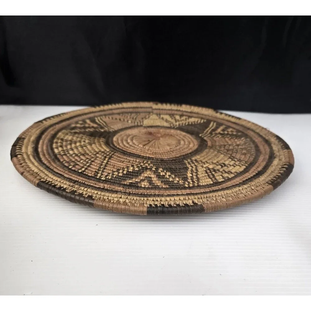 African Hand Woven Coiled Flat Basket Tray Geometric Vintage 12.5